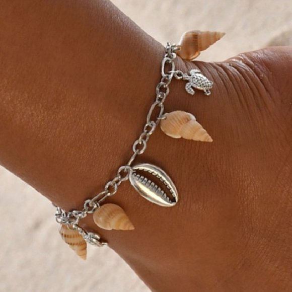 ⚡ 925 Silver Plated Turtle Starfish Sea Shell Conch Anklet, MARR9326 - Picture 3 of 6